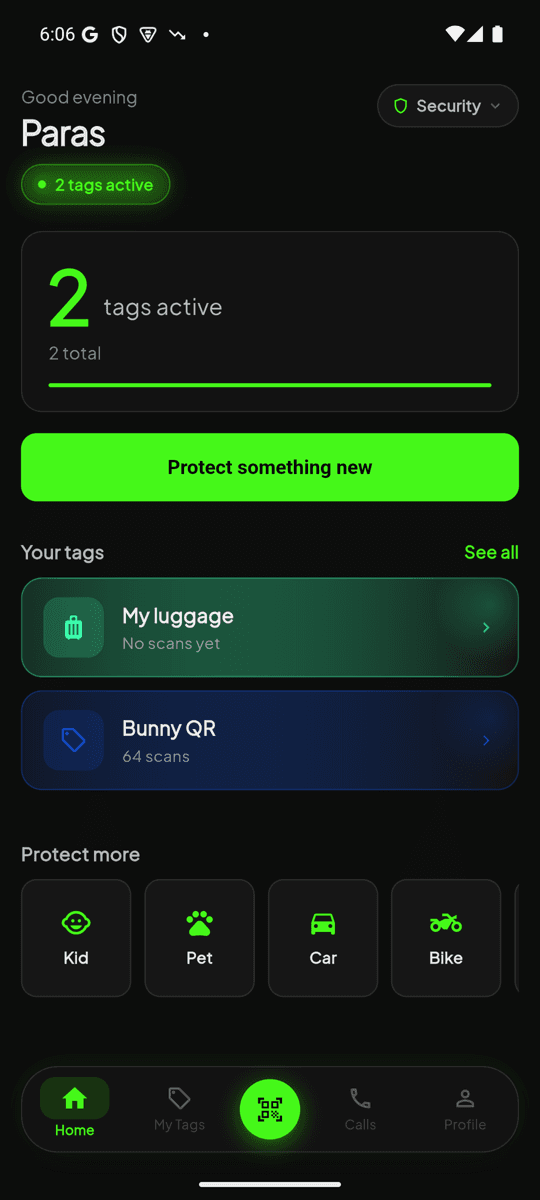 QRSprint app showing Security tag dashboard with active tags