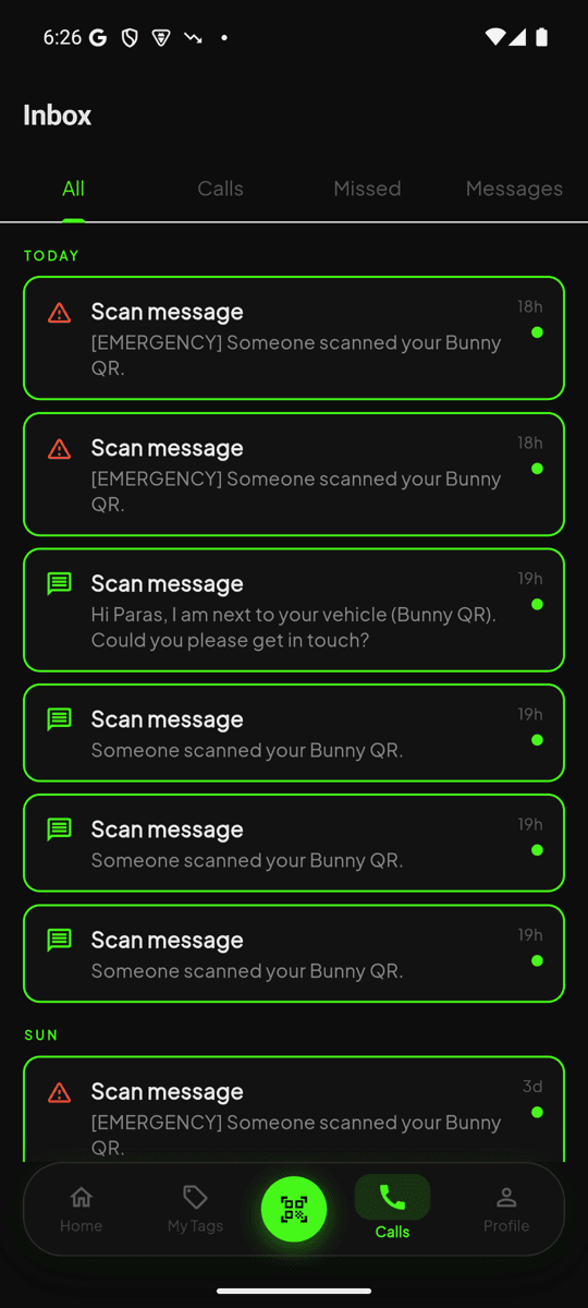QRSprint calls inbox showing incoming scan alerts and emergency messages